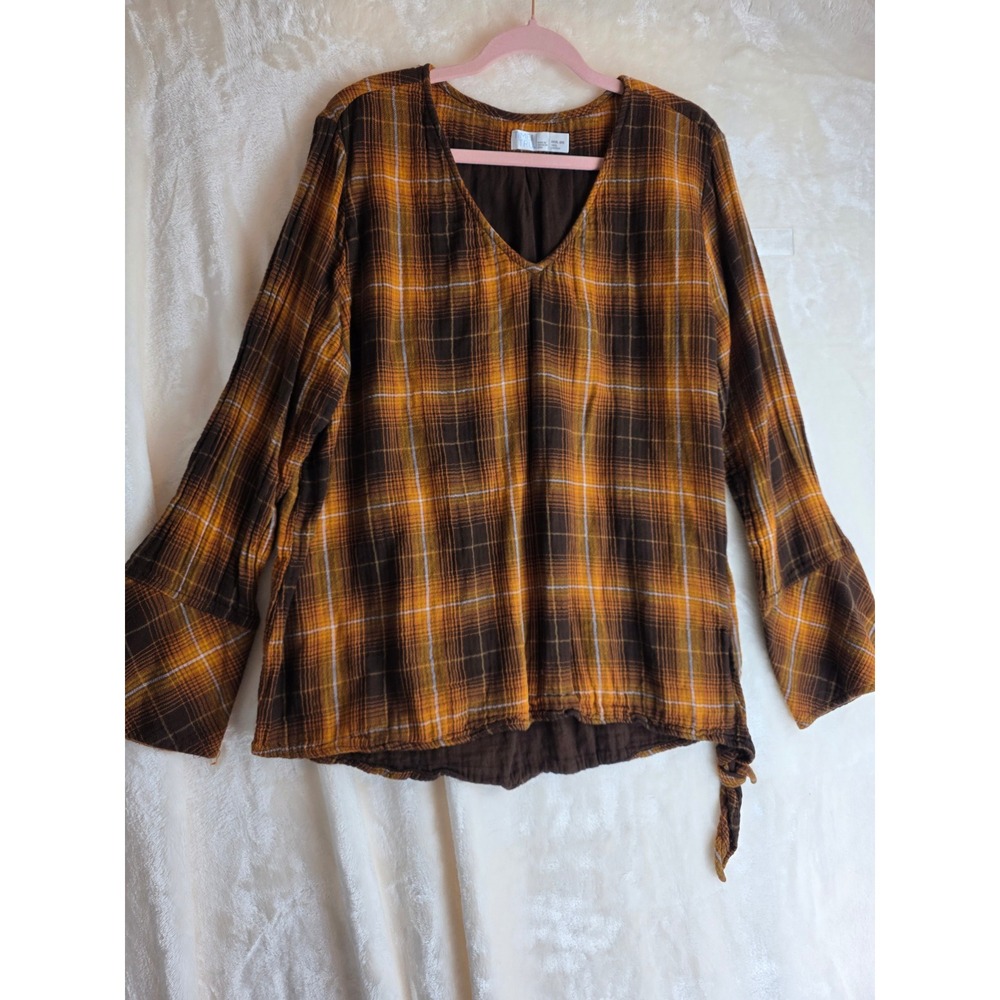 Time and Tru Plaid Long Sleeve V Neck Tie Waist Tunic Top XXXL 22
